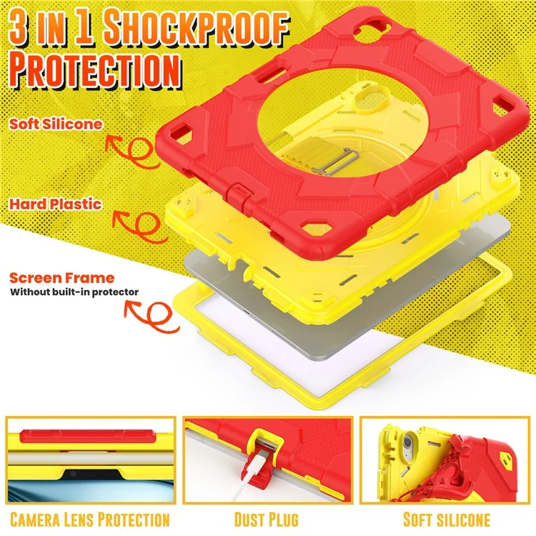 For iPad Air 11 (2025) / (2024) Case Kickstand Hand Strap PC+Silicone Tablet Cover with Shoulder Strap - Red+Yellow