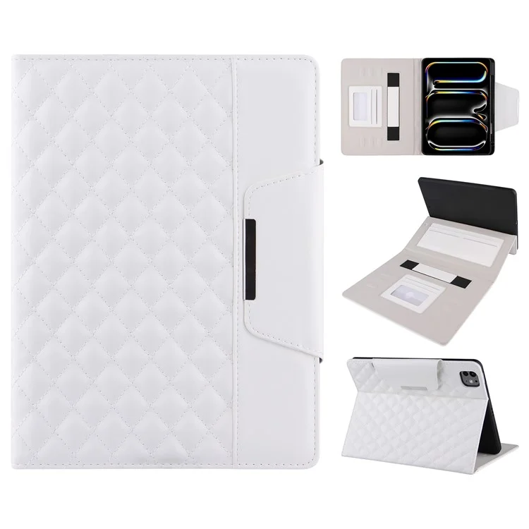 For iPad Pro 11 (2024) Case Grids Leather Tablet Cover Auto Wake / Sleep Card Holder - White