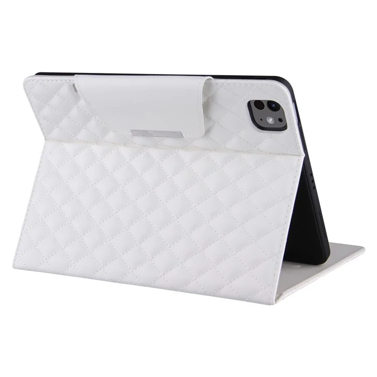 For iPad Pro 11 (2024) Case Grids Leather Tablet Cover Auto Wake / Sleep Card Holder - White