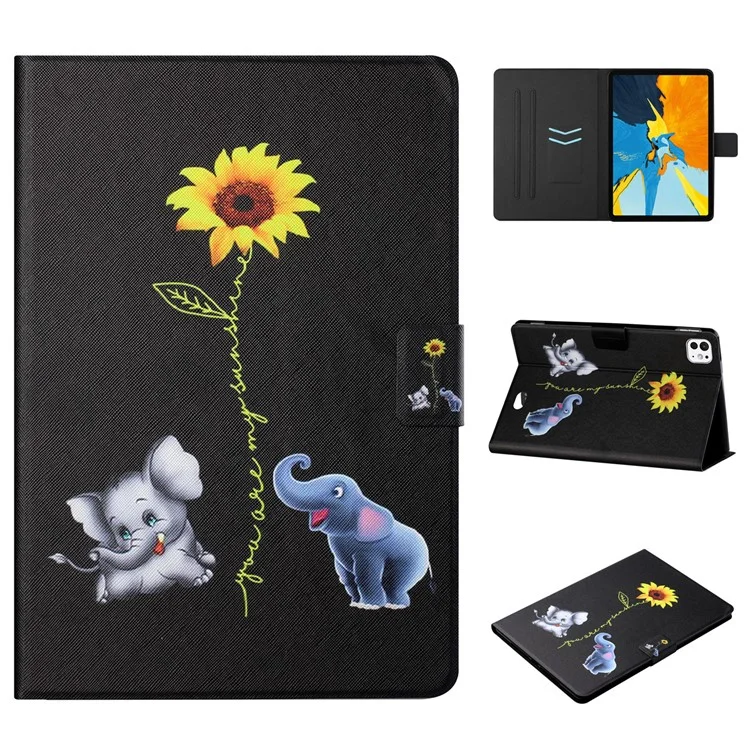 For iPad Pro 11 (2024) Leather Case Card Holder Pattern Printing Anti-Drop Tablet Cover - Elephant