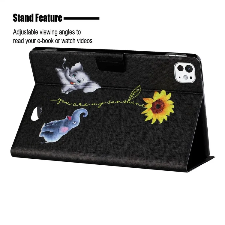 For iPad Pro 11 (2024) Leather Case Card Holder Pattern Printing Anti-Drop Tablet Cover - Elephant