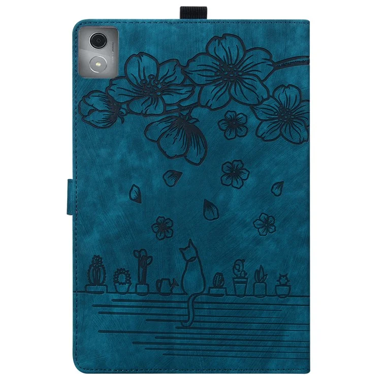 For Lenovo Tab M11 Plus / Tab K11 Plus Case Leather Stand Tablet Cover Flower Cat Card Slots - Sapphire