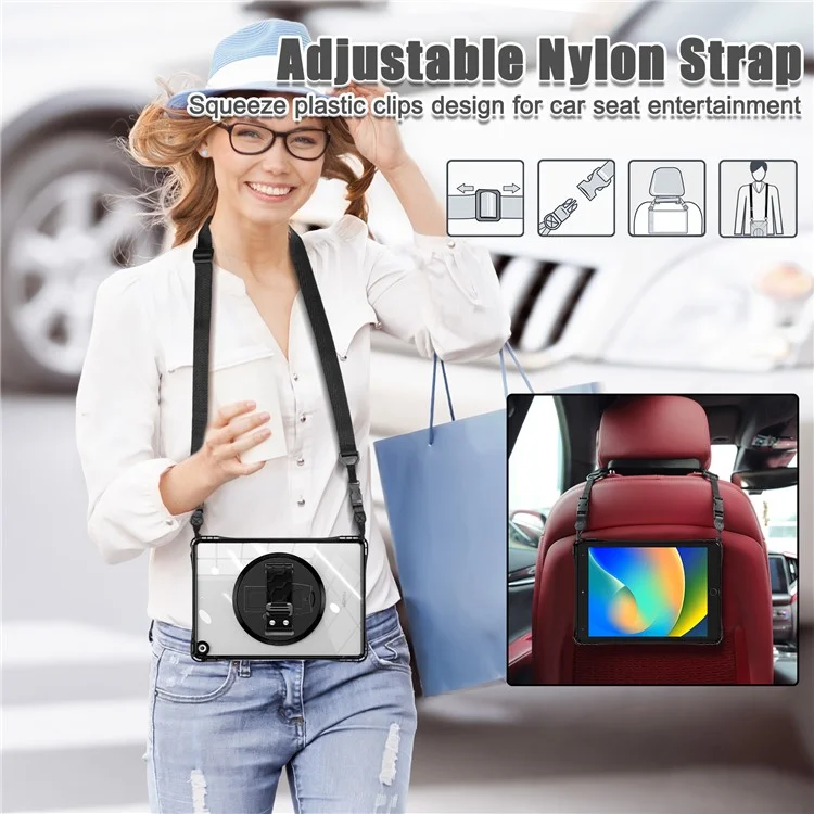 For iPad 10.2 (2021) / (2020) Kickstand Case Hand Strap PC+TPU+Acrylic Cover with Shoulder Strap - Black