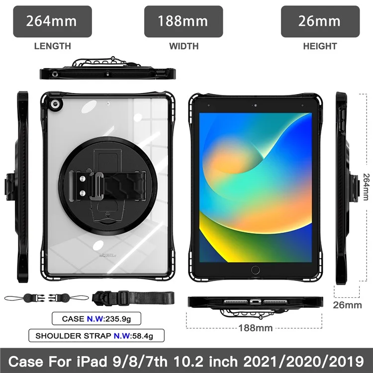 For iPad 10.2 (2021) / (2020) Kickstand Case Hand Strap PC+TPU+Acrylic Cover with Shoulder Strap - Black