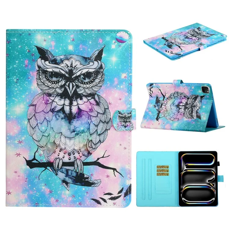 For iPad Pro 11 (2024) Case Pattern Printed Leather Tablet Cover Stand Pen Holder - Owl