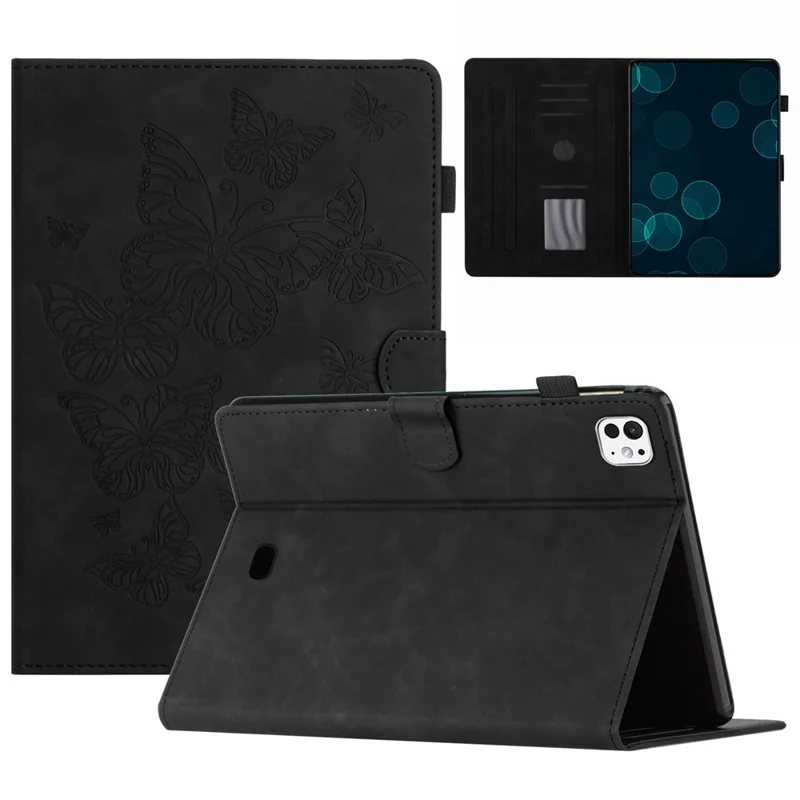 Für iPad Pro 11 (2024) Hülle Schmetterling Leder Folio Tablet Cover Auto Sleep / Wake - Schwarz