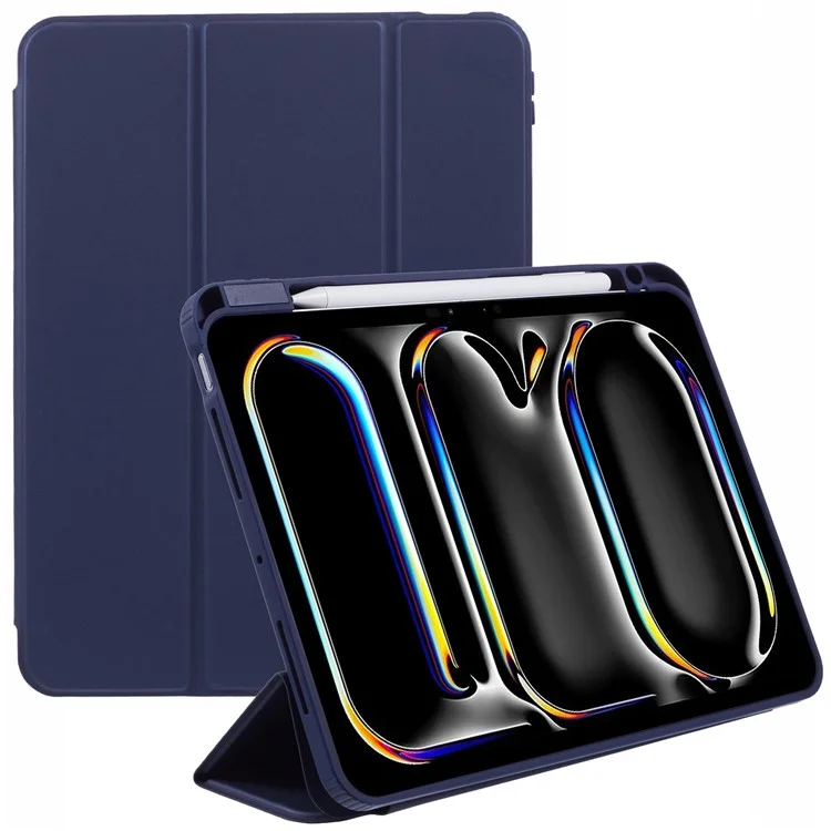 MUTURAL For iPad Pro 11 (2024) Case Tri-Fold Stand Transparent Back Leather Cover with Pen Slot - Dark Blue