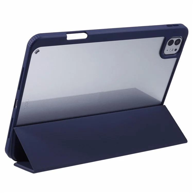 MUTURAL For iPad Pro 11 (2024) Case Tri-Fold Stand Transparent Back Leather Cover with Pen Slot - Dark Blue