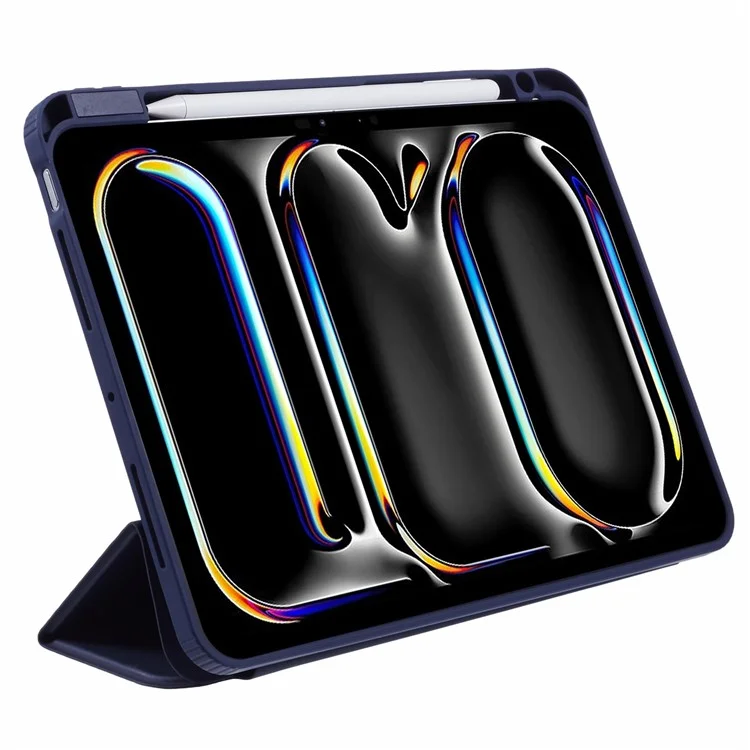 MUTURAL For iPad Pro 11 (2024) Case Tri-Fold Stand Transparent Back Leather Cover with Pen Slot - Dark Blue