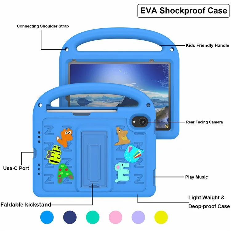 For iPad mini (2024) / mini (2021) Case Cartoon Design Shockproof EVA+PC Tablet Cover with Kickstand, Strap - Blue