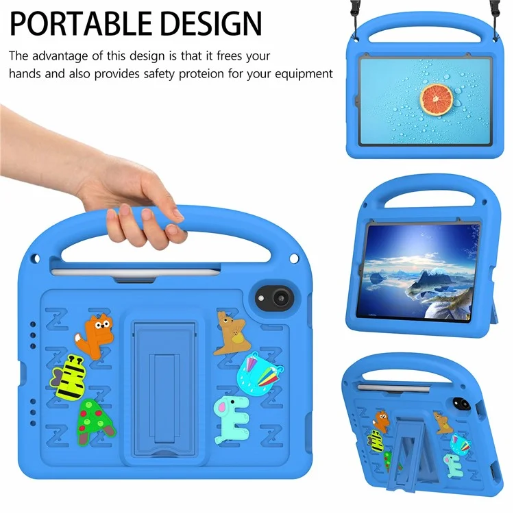 For iPad mini (2024) / mini (2021) Case Cartoon Design Shockproof EVA+PC Tablet Cover with Kickstand, Strap - Blue