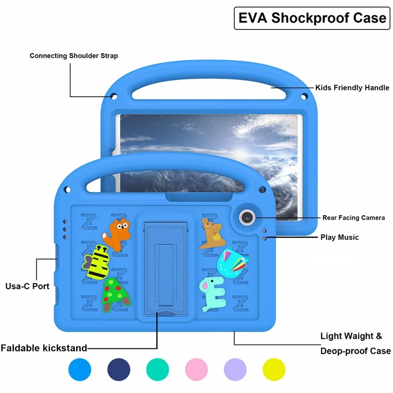 For Samsung Galaxy Tab A9 Case Cartoon Design Kickstand EVA+PC Tablet Cover with Strap - Blue