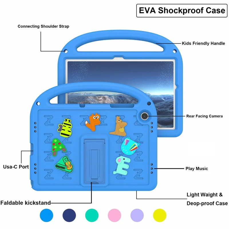 For Samsung Galaxy Tab A11+ / A9+ Case Cartoon Design EVA+PC Kickstand Tablet Cover with Strap - Blue