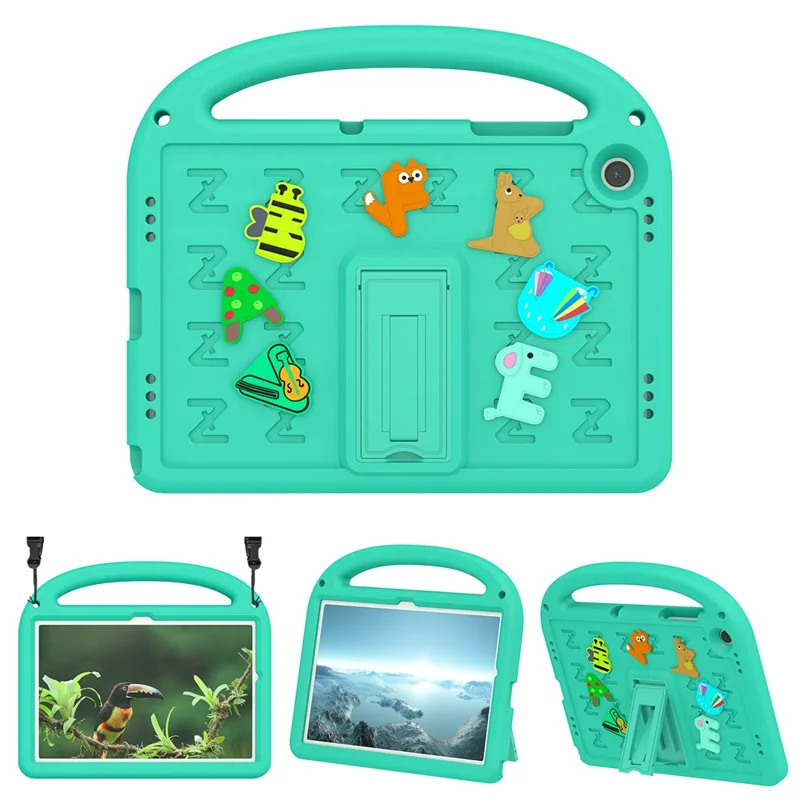 For Samsung Galaxy Tab A11+ / A9+ Kickstand Case Cartoon Design Anti-Drop EVA+PC Tablet Cover with Strap for Kids - Green
