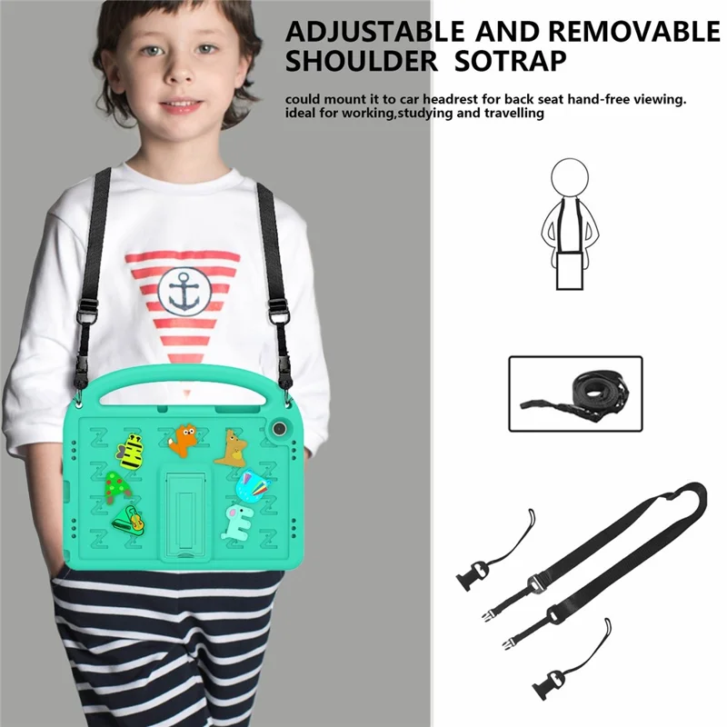 For Samsung Galaxy Tab A11+ / A9+ Kickstand Case Cartoon Design Anti-Drop EVA+PC Tablet Cover with Strap for Kids - Green