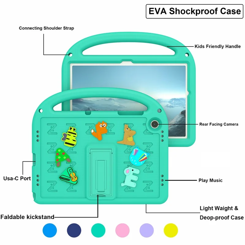 For Samsung Galaxy Tab A11+ / A9+ Kickstand Case Cartoon Design Anti-Drop EVA+PC Tablet Cover with Strap for Kids - Green