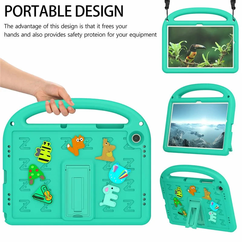 For Samsung Galaxy Tab A11+ / A9+ Kickstand Case Cartoon Design Anti-Drop EVA+PC Tablet Cover with Strap for Kids - Green