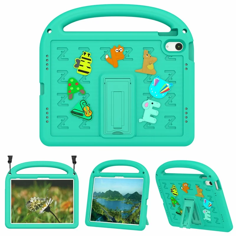 For iPad (2025) / 10.9 (2022) Kickstand Case Cartoon Design Anti-Drop EVA+PC Tablet Cover with Strap for Kids - Green