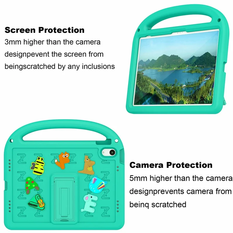 For iPad (2025) / 10.9 (2022) Kickstand Case Cartoon Design Anti-Drop EVA+PC Tablet Cover with Strap for Kids - Green