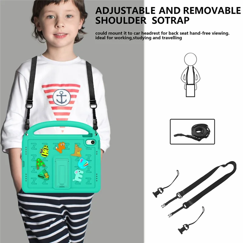 For iPad (2025) / 10.9 (2022) Kickstand Case Cartoon Design Anti-Drop EVA+PC Tablet Cover with Strap for Kids - Green