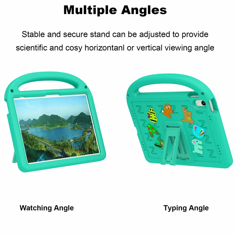For iPad (2025) / 10.9 (2022) Kickstand Case Cartoon Design Anti-Drop EVA+PC Tablet Cover with Strap for Kids - Green