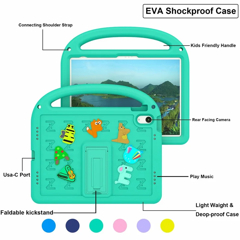 For iPad (2025) / 10.9 (2022) Kickstand Case Cartoon Design Anti-Drop EVA+PC Tablet Cover with Strap for Kids - Green