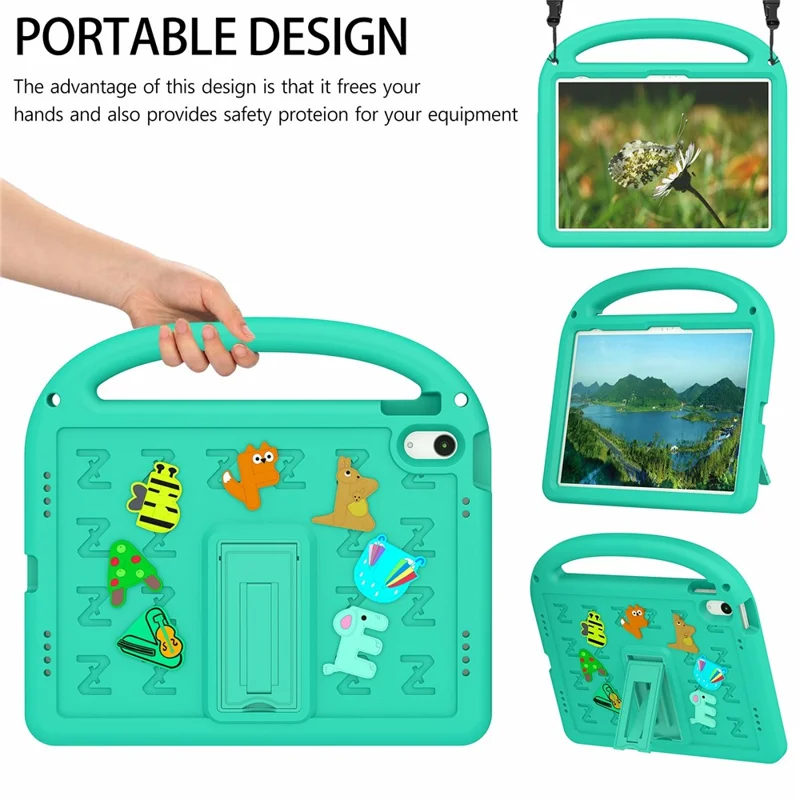 For iPad (2025) / 10.9 (2022) Kickstand Case Cartoon Design Anti-Drop EVA+PC Tablet Cover with Strap for Kids - Green