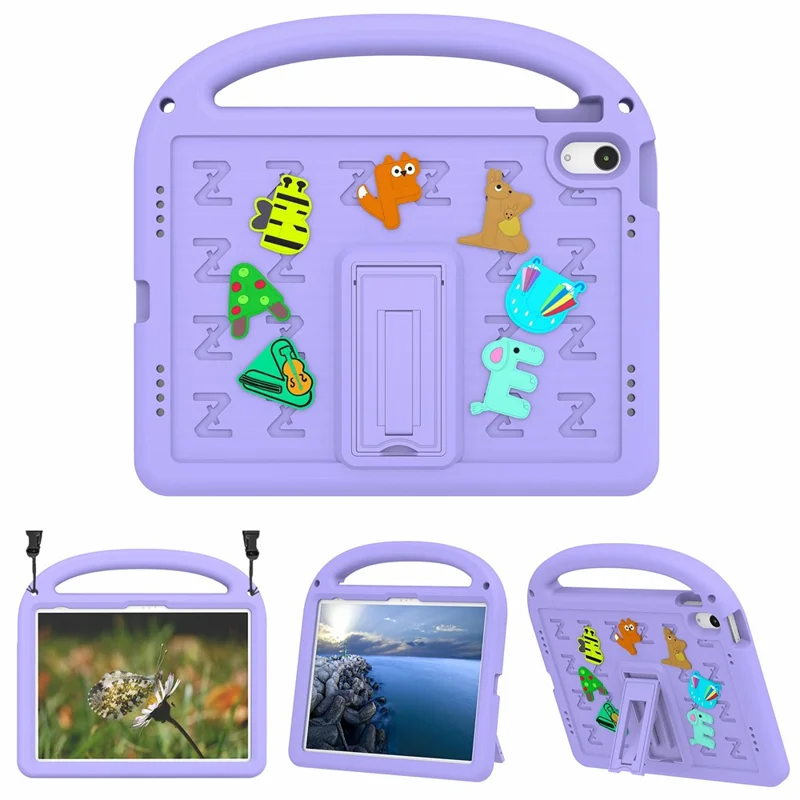 For iPad (2025) / 10.9 (2022) Kickstand Case Cartoon Design Anti-Drop EVA+PC Tablet Cover with Strap for Kids - Purple