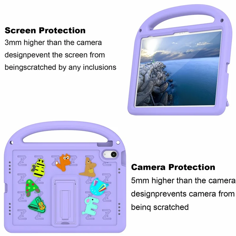 For iPad (2025) / 10.9 (2022) Kickstand Case Cartoon Design Anti-Drop EVA+PC Tablet Cover with Strap for Kids - Purple