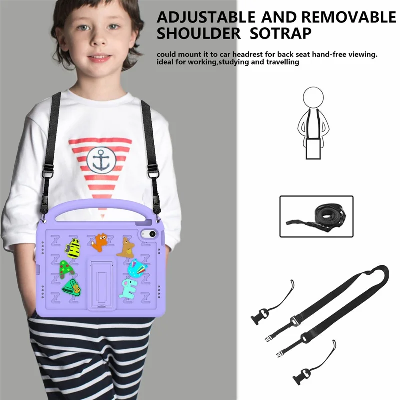 For iPad (2025) / 10.9 (2022) Kickstand Case Cartoon Design Anti-Drop EVA+PC Tablet Cover with Strap for Kids - Purple