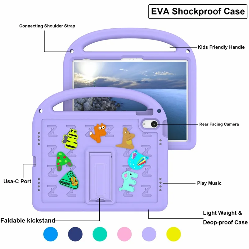 For iPad (2025) / 10.9 (2022) Kickstand Case Cartoon Design Anti-Drop EVA+PC Tablet Cover with Strap for Kids - Purple