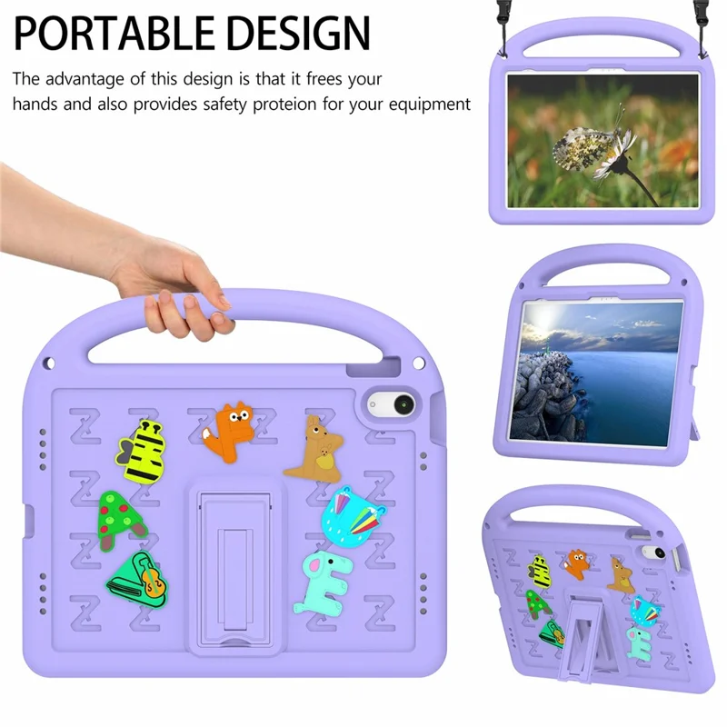 For iPad (2025) / 10.9 (2022) Kickstand Case Cartoon Design Anti-Drop EVA+PC Tablet Cover with Strap for Kids - Purple