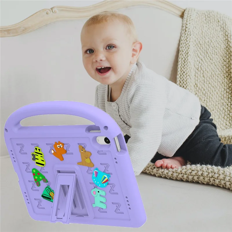 For iPad (2025) / 10.9 (2022) Kickstand Case Cartoon Design Anti-Drop EVA+PC Tablet Cover with Strap for Kids - Purple