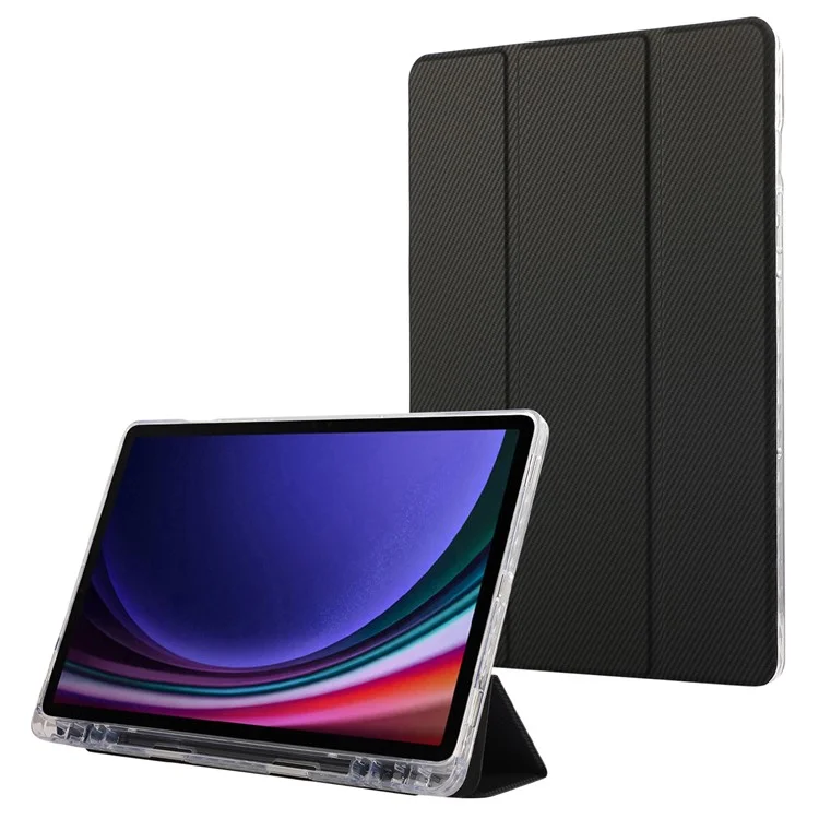 For Samsung Galaxy Tab S9 / S10 FE / S9 FE Case Tri-Fold Stand Smart Auto / Wake Leather Tablet Cover Carbon Fiber Texture - Black