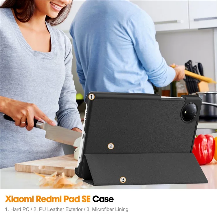 For Xiaomi Redmi Pad SE Case Anti-Scratch Leather Stand Tablet Cover - Black