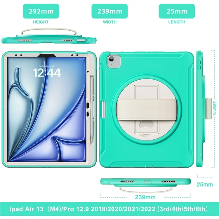 Para iPad Air 13 (2024) / iPad Pro 12.9 (2022) / (2021) / (2020) / (2018) Estuche con Soporte Patas PC+TPU+Silicona Cubierta con Ranura para Lápiz - Verde Menta