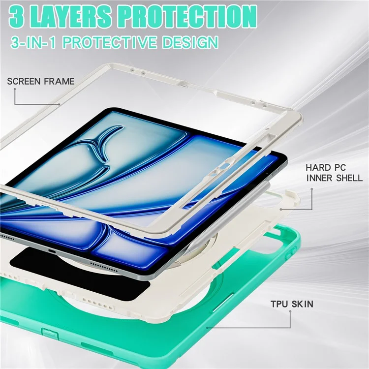 Para iPad Air 13 (2024) / iPad Pro 12.9 (2022) / (2021) / (2020) / (2018) Estuche con Soporte Patas PC+TPU+Silicona Cubierta con Ranura para Lápiz - Verde Menta