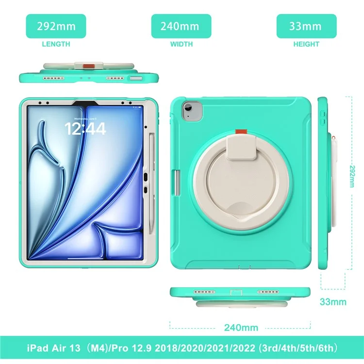 Para iPad Air 13 (2024) / iPad Pro 12.9 (2022) / (2021) / (2020) / (2018) Funda Agarre Manual Soporte PC+TPU Cubierta con Ranura para Bolígrafo - Verde Menta