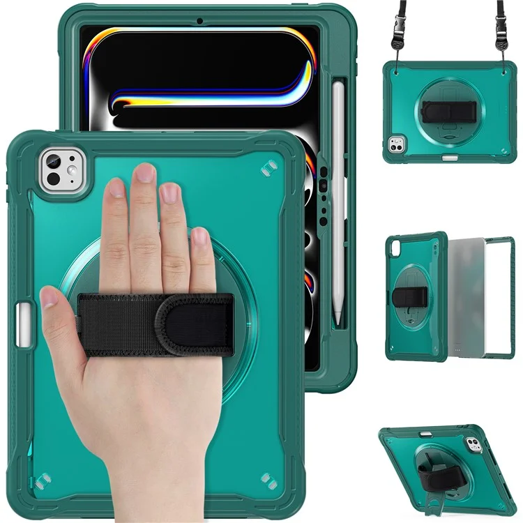 Para iPad Pro 11 (2024) Case Hand Strap Kickstand PC+TPU+Silicone Cover with Shoulder Strap - Verde Meia-Noite