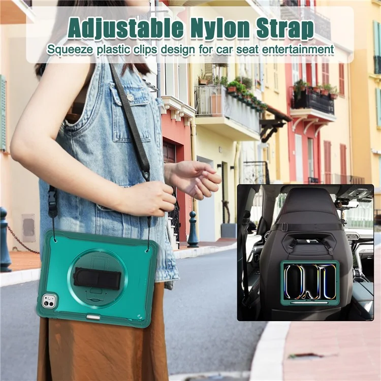 Para iPad Pro 11 (2024) Case Hand Strap Kickstand PC+TPU+Silicone Cover with Shoulder Strap - Verde Meia-Noite