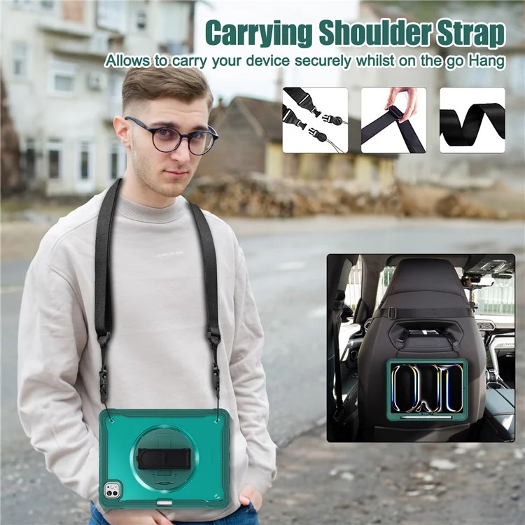 Para iPad Pro 11 (2024) Case Hand Strap Kickstand PC+TPU+Silicone Cover with Shoulder Strap - Verde Meia-Noite