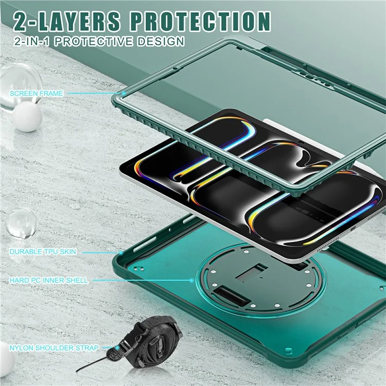 Para iPad Pro 11 (2024) Case Hand Strap Kickstand PC+TPU+Silicone Cover with Shoulder Strap - Verde Meia-Noite
