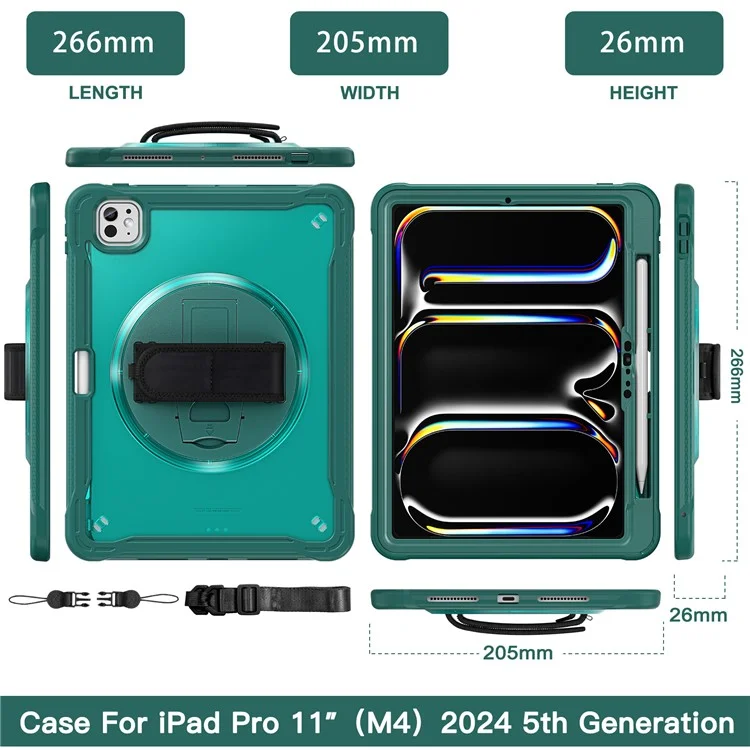 Para iPad Pro 11 (2024) Case Hand Strap Kickstand PC+TPU+Silicone Cover with Shoulder Strap - Verde Meia-Noite
