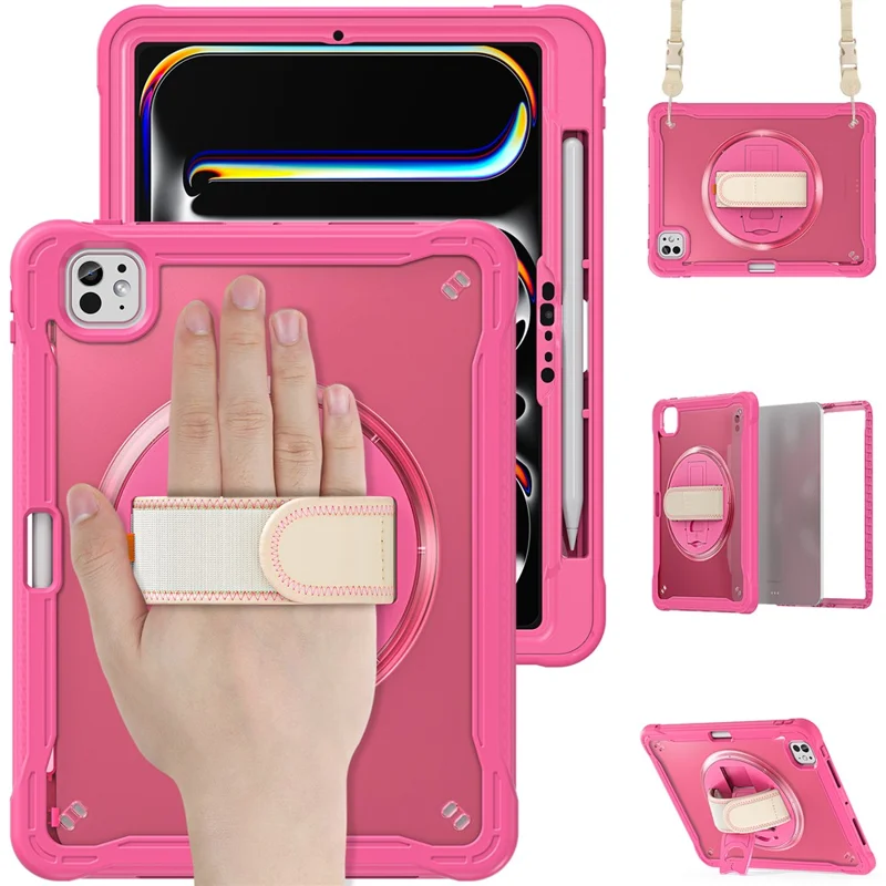For iPad Pro 11 (2025) / 11 (2024) Case Hand Strap Kickstand PC+TPU+Silicone Cover with Shoulder Strap - Rose