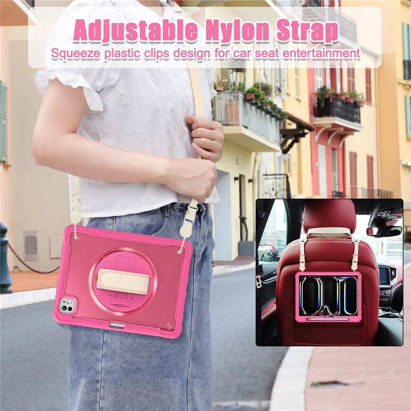 For iPad Pro 11 (2025) / 11 (2024) Case Hand Strap Kickstand PC+TPU+Silicone Cover with Shoulder Strap - Rose