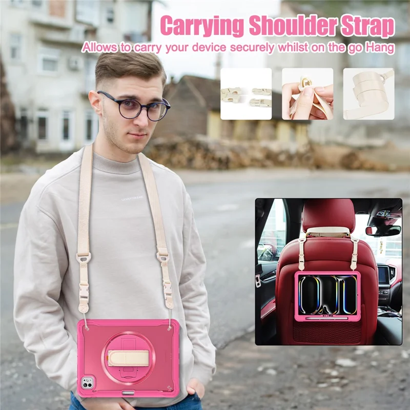 For iPad Pro 11 (2025) / 11 (2024) Case Hand Strap Kickstand PC+TPU+Silicone Cover with Shoulder Strap - Rose