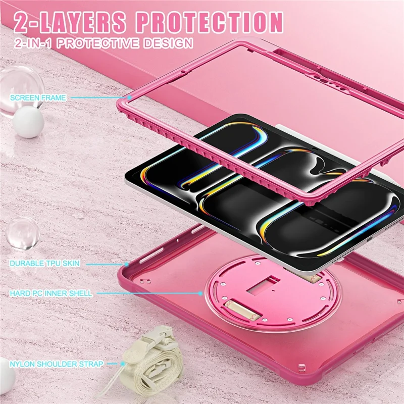 For iPad Pro 11 (2025) / 11 (2024) Case Hand Strap Kickstand PC+TPU+Silicone Cover with Shoulder Strap - Rose