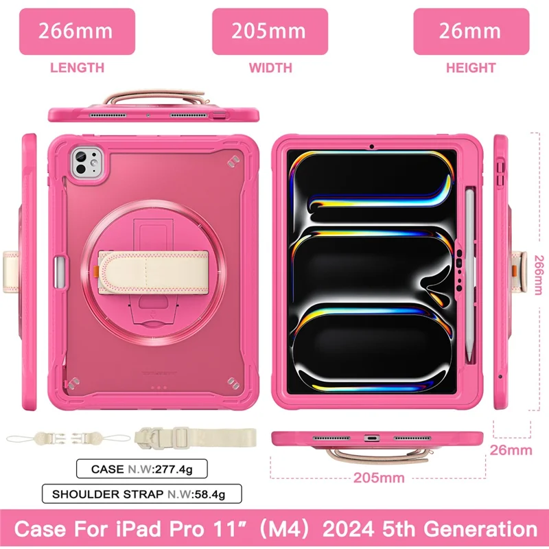 For iPad Pro 11 (2025) / 11 (2024) Case Hand Strap Kickstand PC+TPU+Silicone Cover with Shoulder Strap - Rose