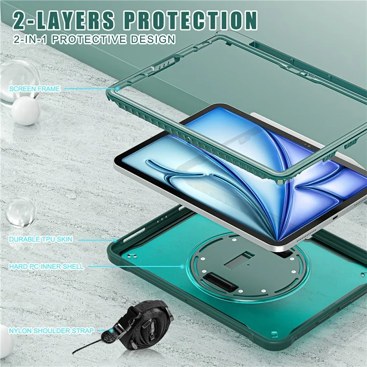 Para iPad Air 11 (2024) / Air (2022) / (2020) / iPad Pro 11 (2022) / (2021) / (2020) / (2018) Funda con soporte y correa - Verde Medianoche