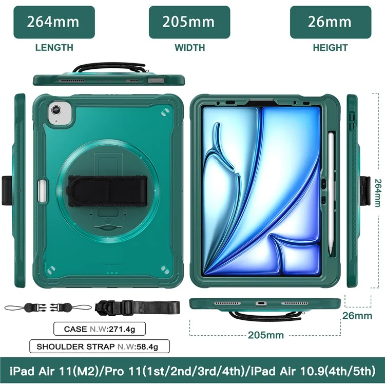 Para iPad Air 11 (2024) / Air (2022) / (2020) / iPad Pro 11 (2022) / (2021) / (2020) / (2018) Funda con soporte y correa - Verde Medianoche